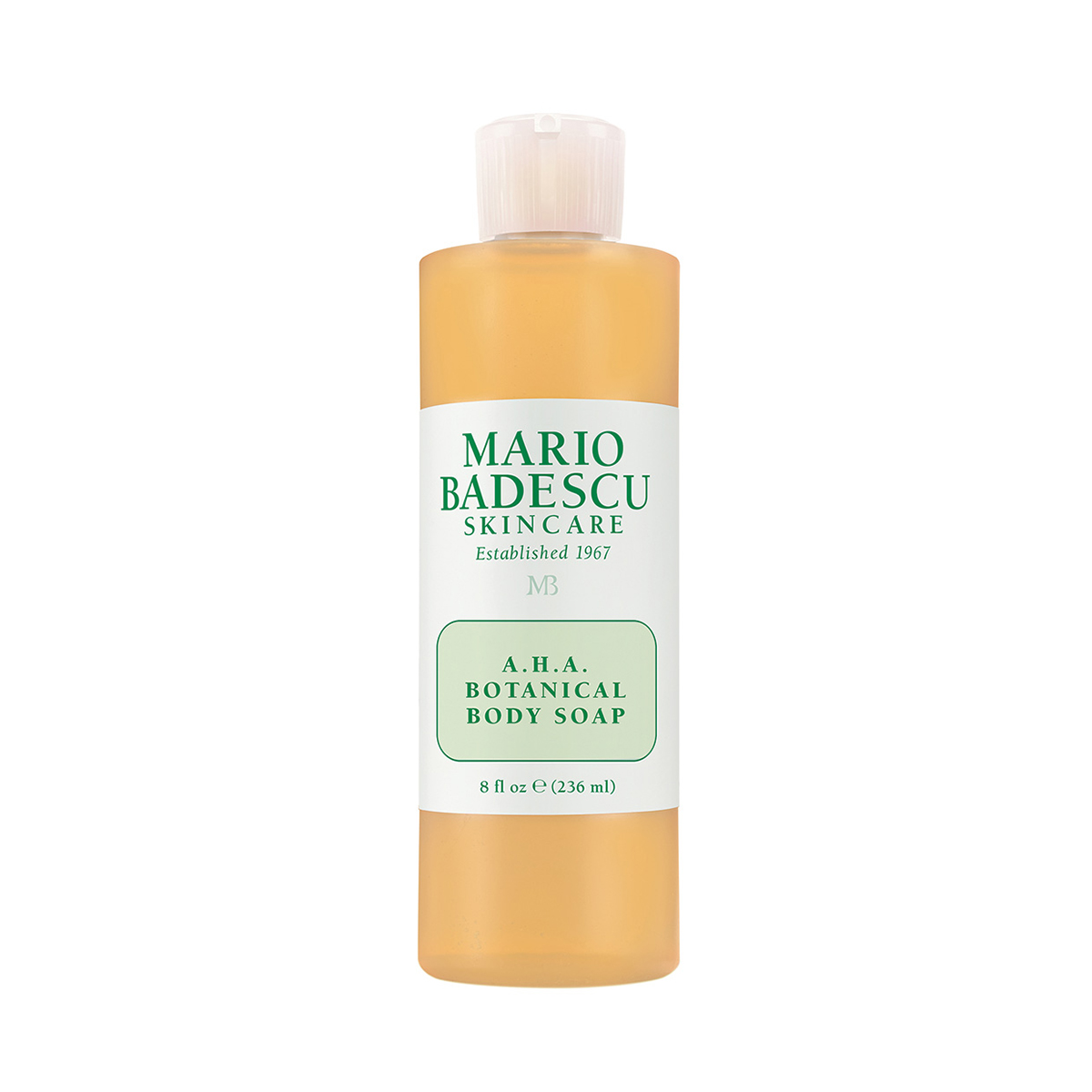 Flasche Mario Badescu A.H.A. Botanical Body Soap, 236 ml, auf weißem Hintergrund.