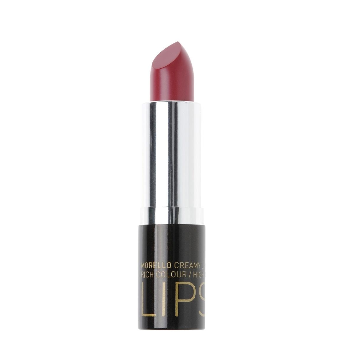 Roter Lippenstift in schwarzer Hülse mit silbernem Ring, auf weißem Hintergrund.