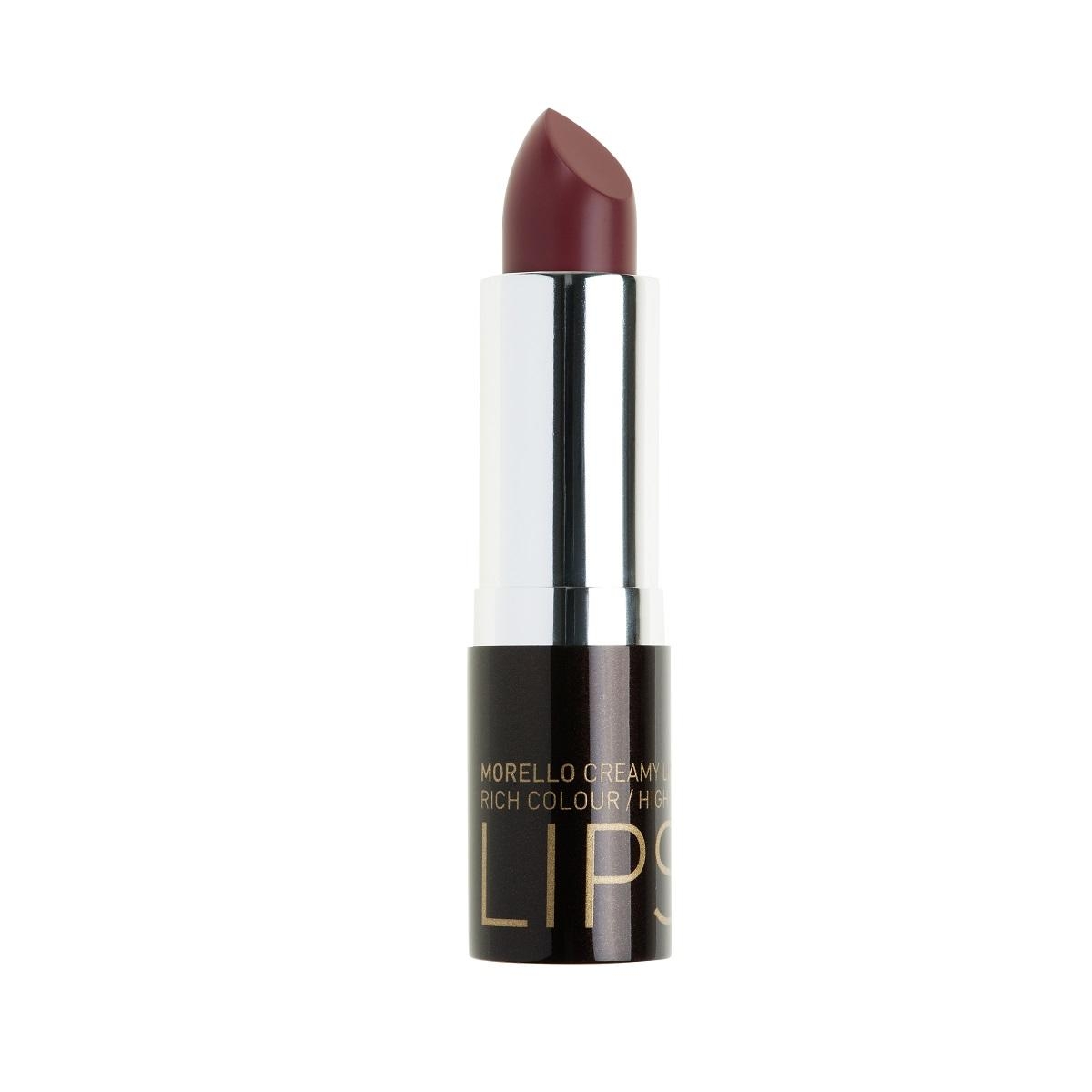Ein dunkelroter Lippenstift in einer schwarzen und silbernen Hülle, aufrecht stehend.