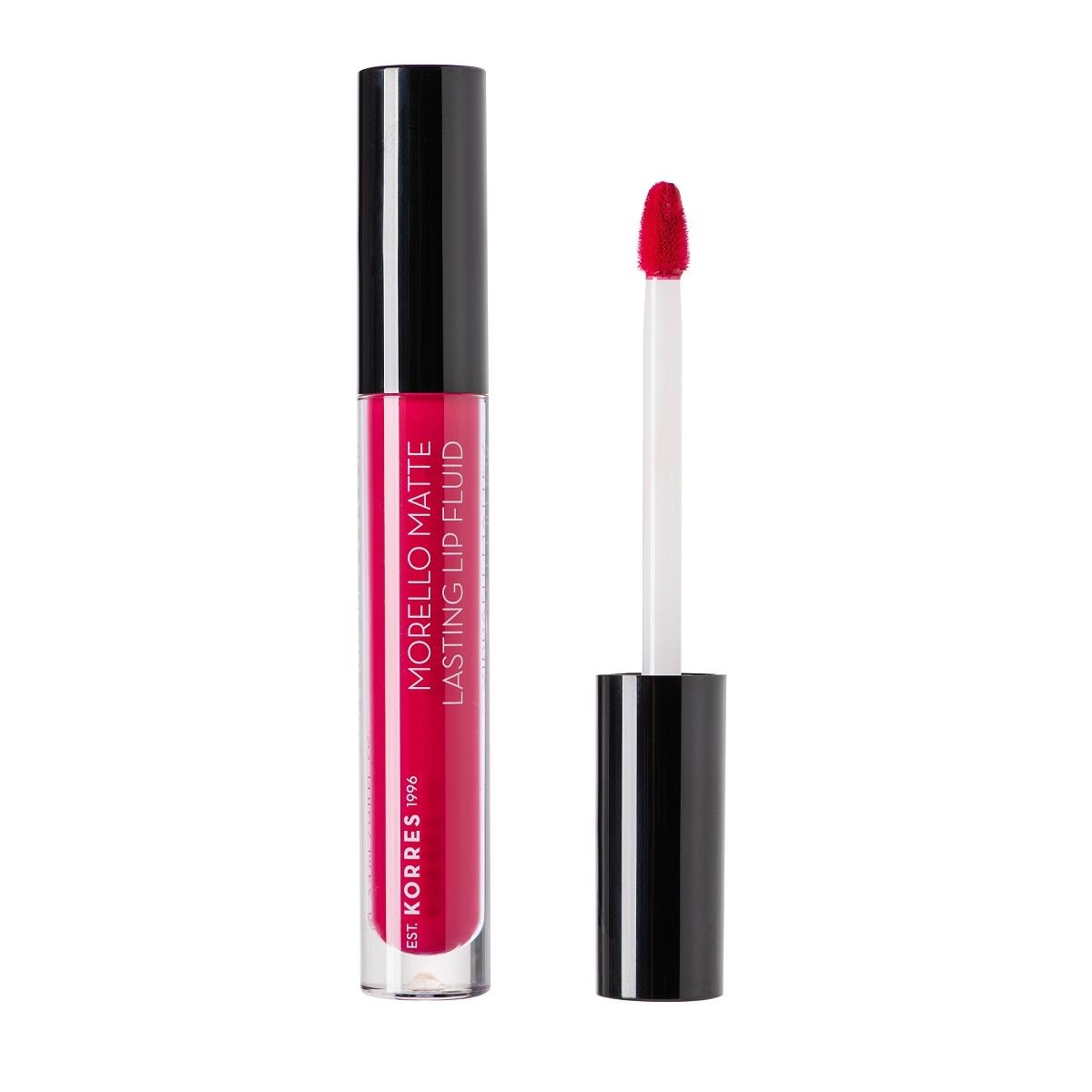 Korres Morello Matte Lasting Lip Fluid in leuchtendem Rot, geöffneter und geschlossener Zustand.