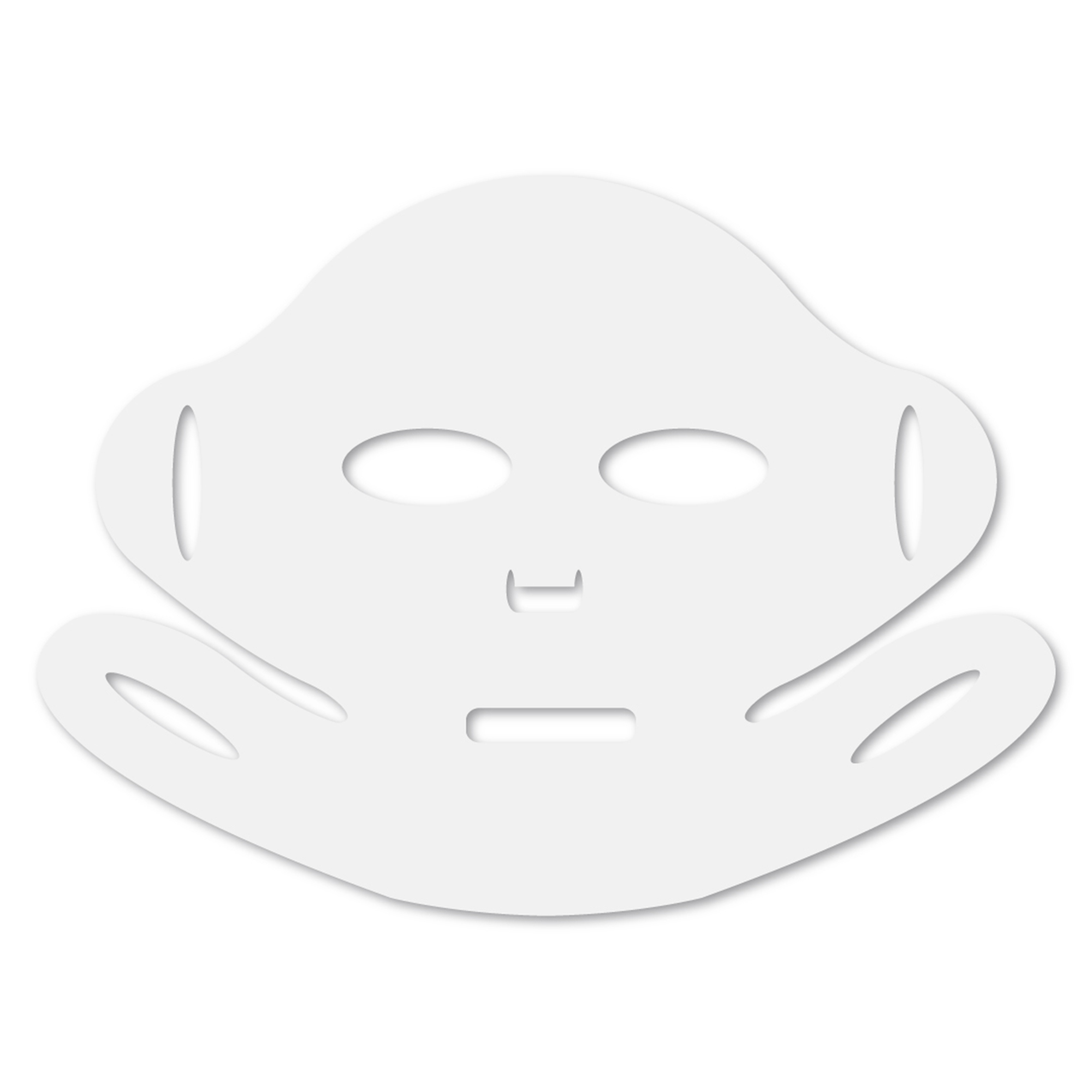 Weiße Gesichtsmaske mit Aussparungen für Augen, Nase und Mund.