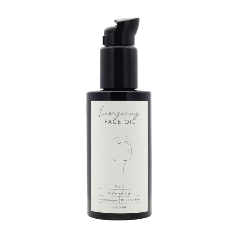 HELLO SUE No. 6 Energetisierendes Gesichtsöl, 100 ml, schwarzer Spender mit weißem Etikett.