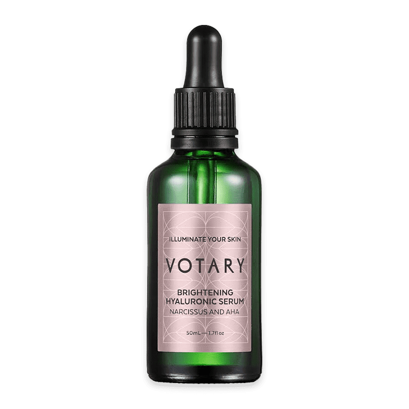 Votary Brightening Hyaluronic Serum mit Narzisse und AHAs, 50ml, in einer grünen Flasche mit Pipette.
