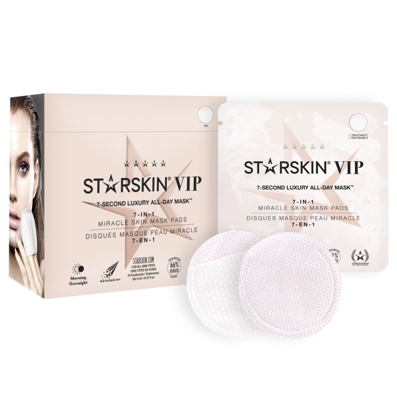 STARSKIN VIP 7-Second Luxury All-Day Mask, 18er Packung, Produktbild mit Verpackung und Maskenpads.