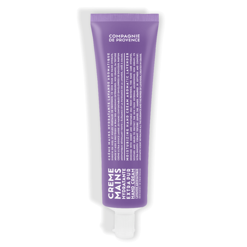 Lavendelfarbene Handcreme-Tube mit weißer Aufschrift 'Creme Mains Hydratante' und 'Compagnie de Provence'.