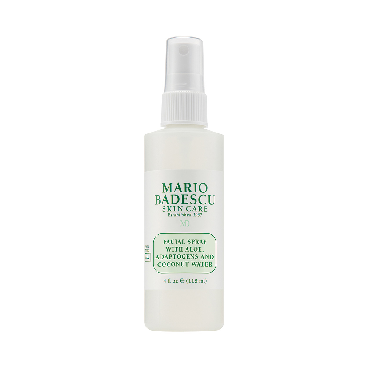 Mario Badescu Gesichtsspray mit Aloe, Adaptogenen und Kokoswasser, 118 ml Flasche.