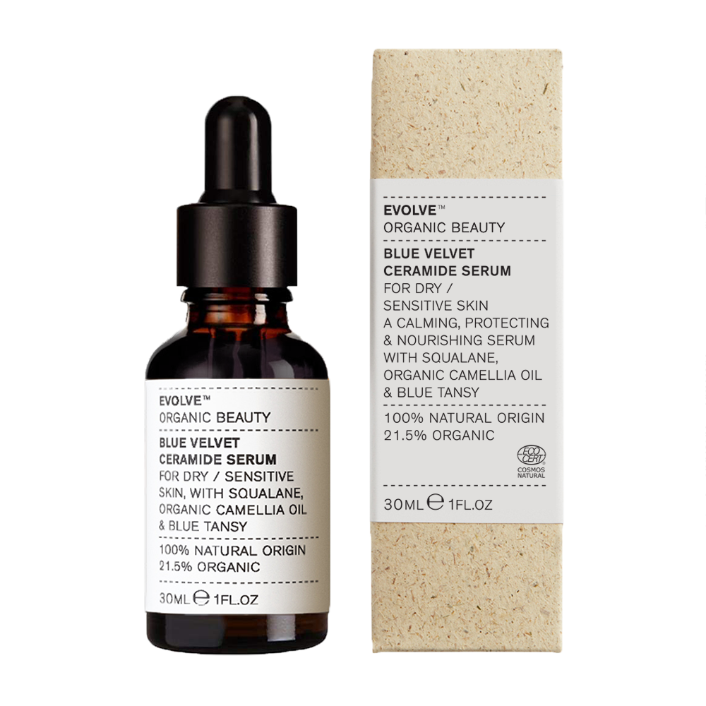Evolve Blue Velvet Ceramide Serum 30ml Flasche und Verpackung, beruhigendes und pflegendes Serum für trockene/empfindliche Haut.