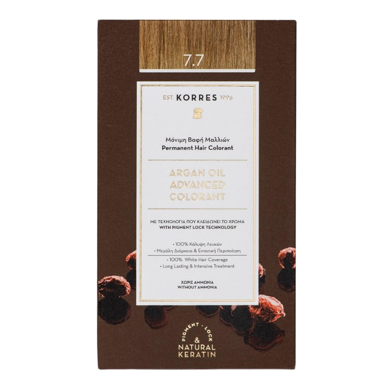KORRES Argan Oil Haarfarbe 7.7 Moccha, Verpackungsvorderseite, brauner Hintergrund, Text in Weiß und Gold.