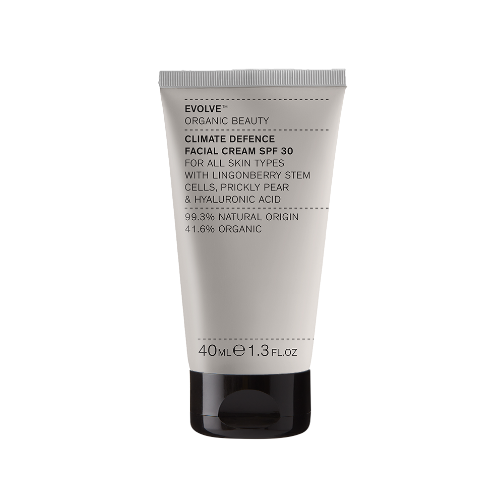 Evolve Climate Defence SPF 30 Gesichtscreme, 40ml Tube, für alle Hauttypen, mit Stammzellen, Kaktusfeige und Hyaluronsäure.