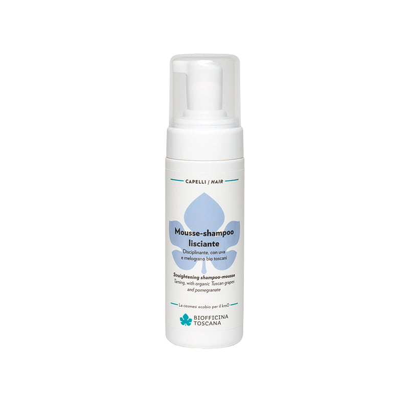 Flasche mit Mousse-Shampoo für glattes Haar von Biofficina Toscana, 150 ml.