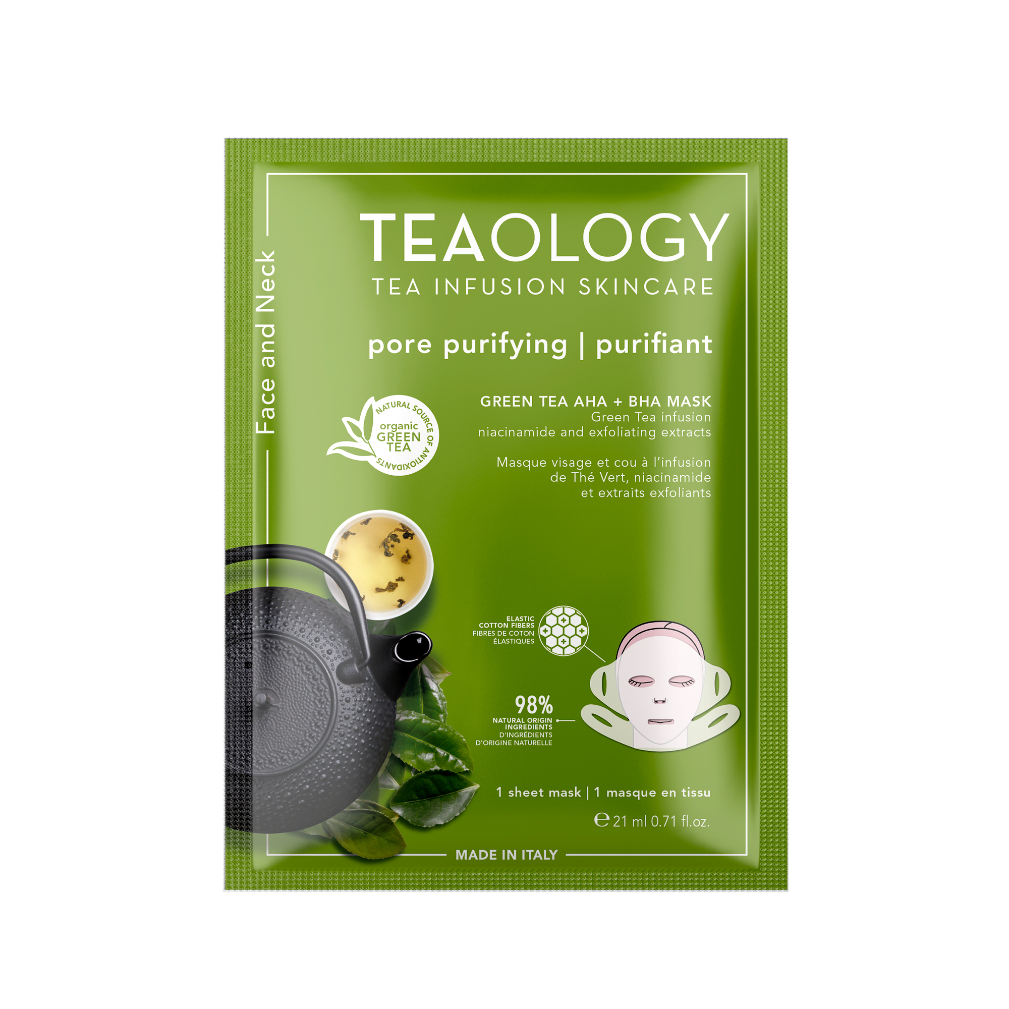 Grüne Tee AHA + BHA Maske von Teaology für porenreinigende Hautpflege, 21 ml, in grüner Verpackung.