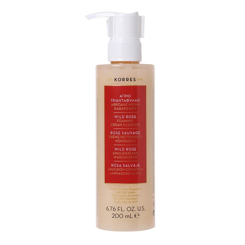 Korres Wild Rose Foaming Cream Cleanser, 200 ml Flasche mit Pumpspender, auf weißem Hintergrund.