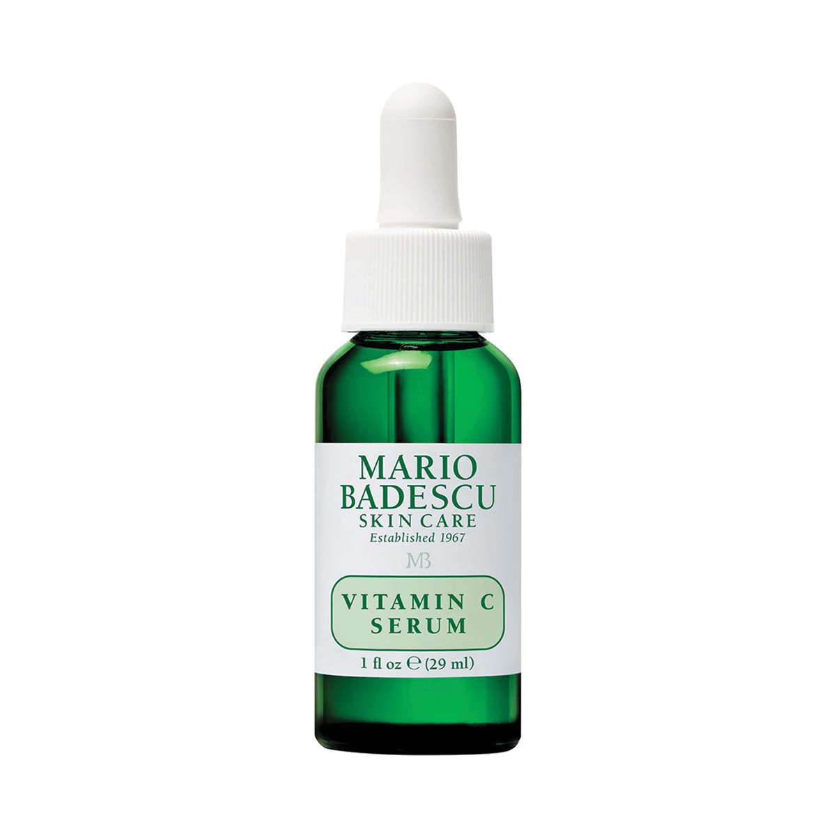 Grüne Flasche mit Pipette, beschriftet mit "Mario Badescu Vitamin C Serum".