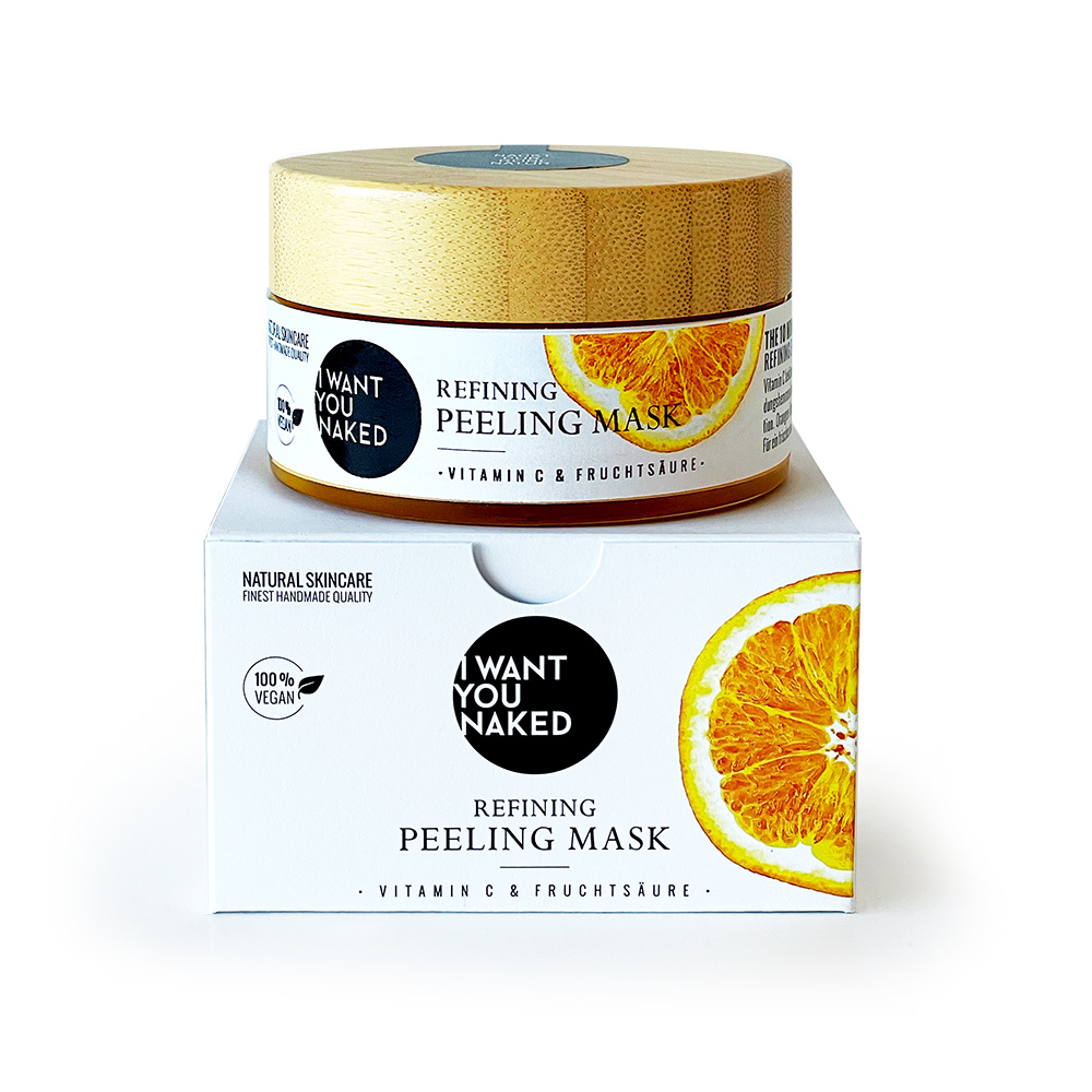 Ein Glas und eine Schachtel 'I Want You Naked' Peeling-Maske mit Vitamin C und Fruchtsäure, vegan.