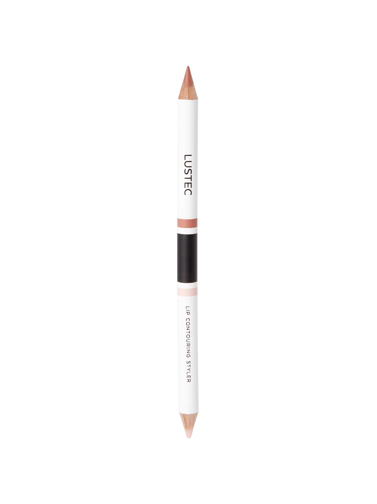 Zweiseitiger Lippenkonturenstift von Lustec in Weiß und Braun auf weißem Hintergrund.