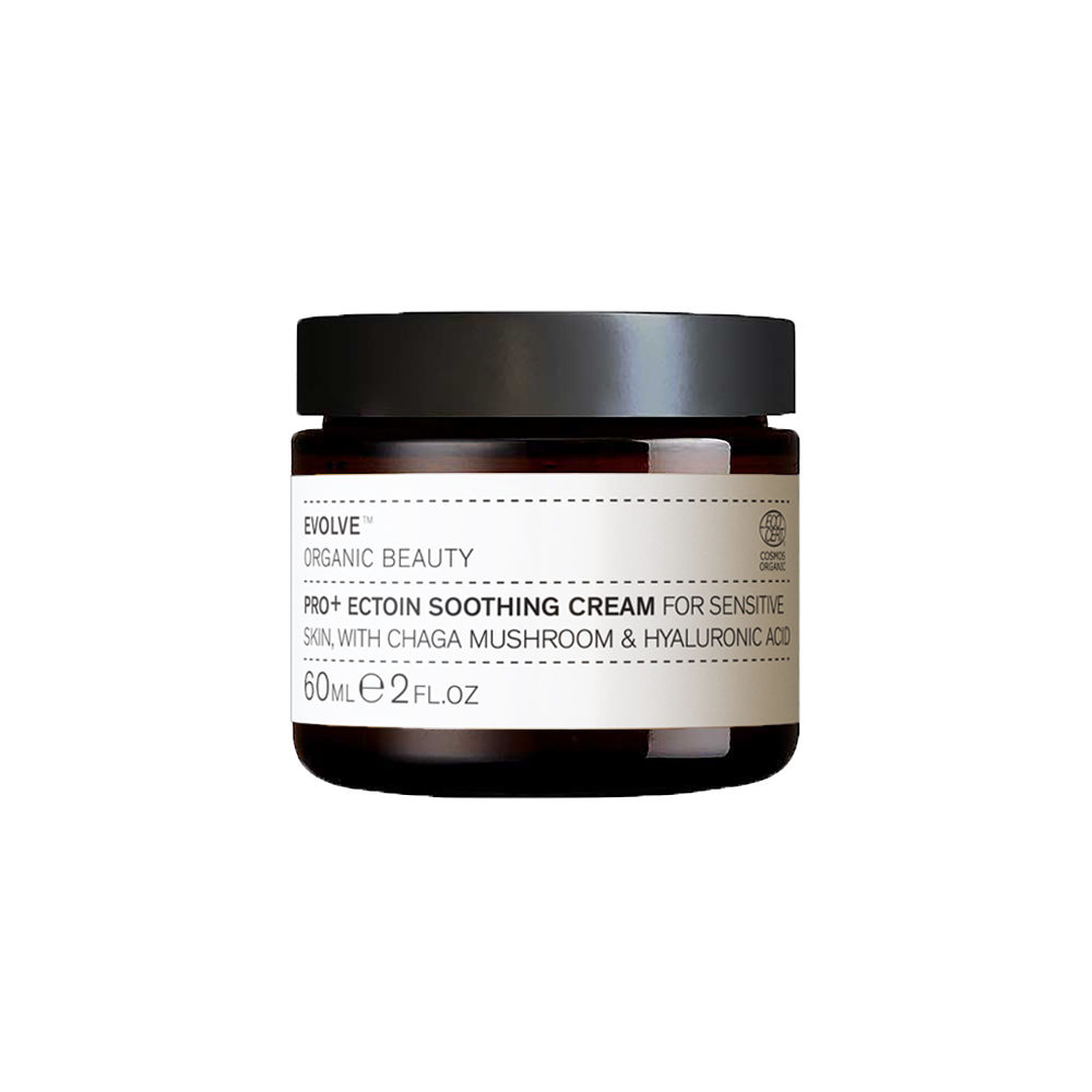Ein Glasbehälter mit Pro+ Ectoin Beruhigungscreme für empfindliche Haut, enthält Chaga-Pilz und Hyaluronsäure, 60 ml.