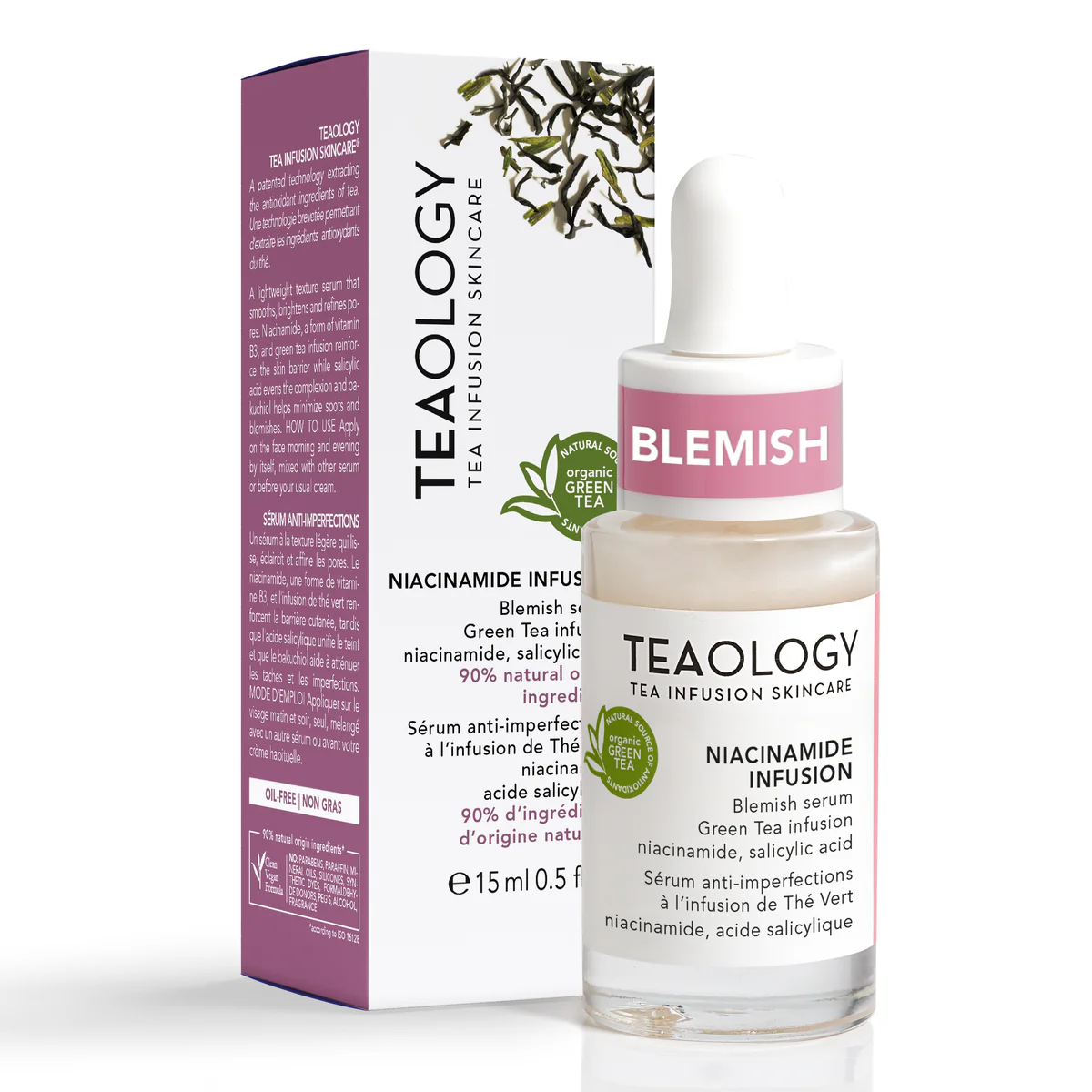 Teaology Niacinamide Infusion Serum vor Verpackung mit grünem Tee und Blemish-Label.