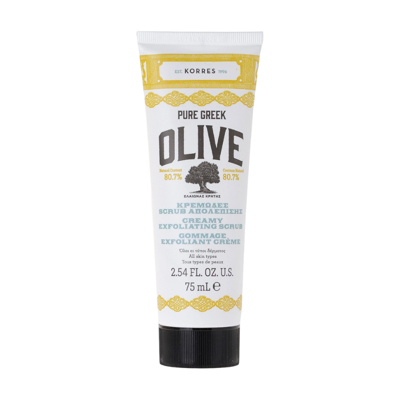 KORRES Pure Greek Olive Creme Peeling, 75 ml Tube, Exfoliating Scrub, weiße Verpackung mit Olivenbaum-Logo.